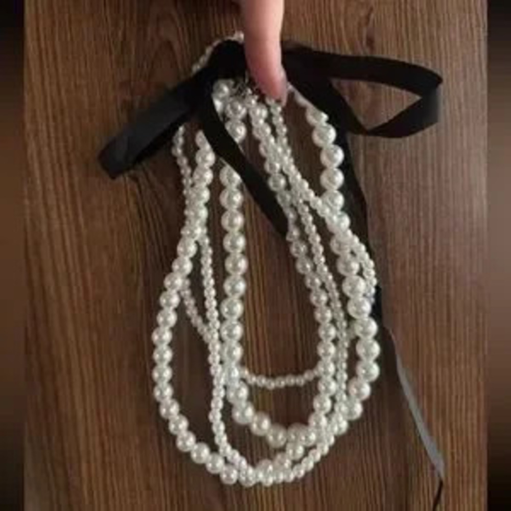 Vintage Classic White Pearl Multi Strand Black Ribbon Necklace